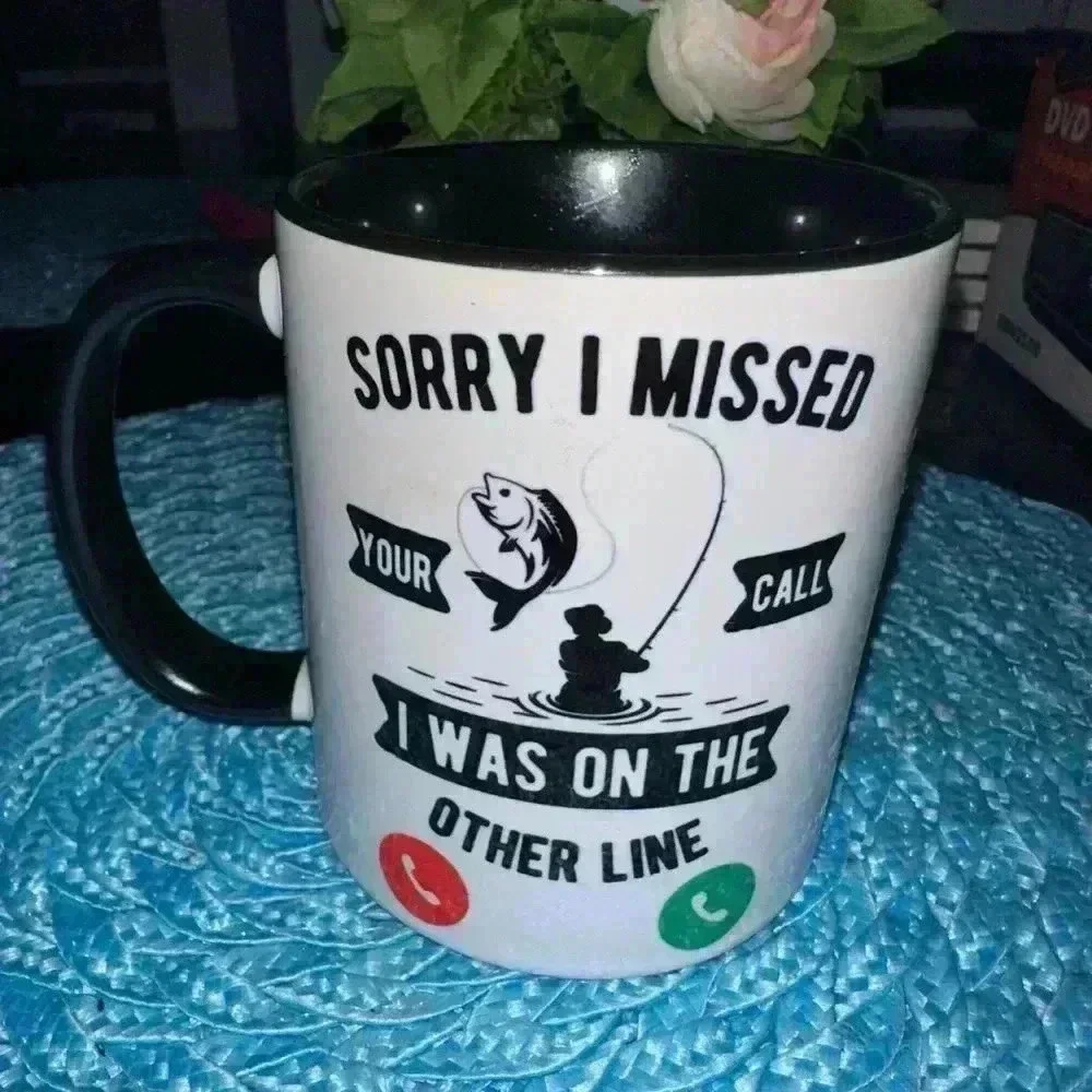 Sorry I Missed Your Call Coffee Fishing Mug in Black and‎ White